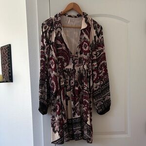 Free People Burgundy and Cream Long Sleeve Dress